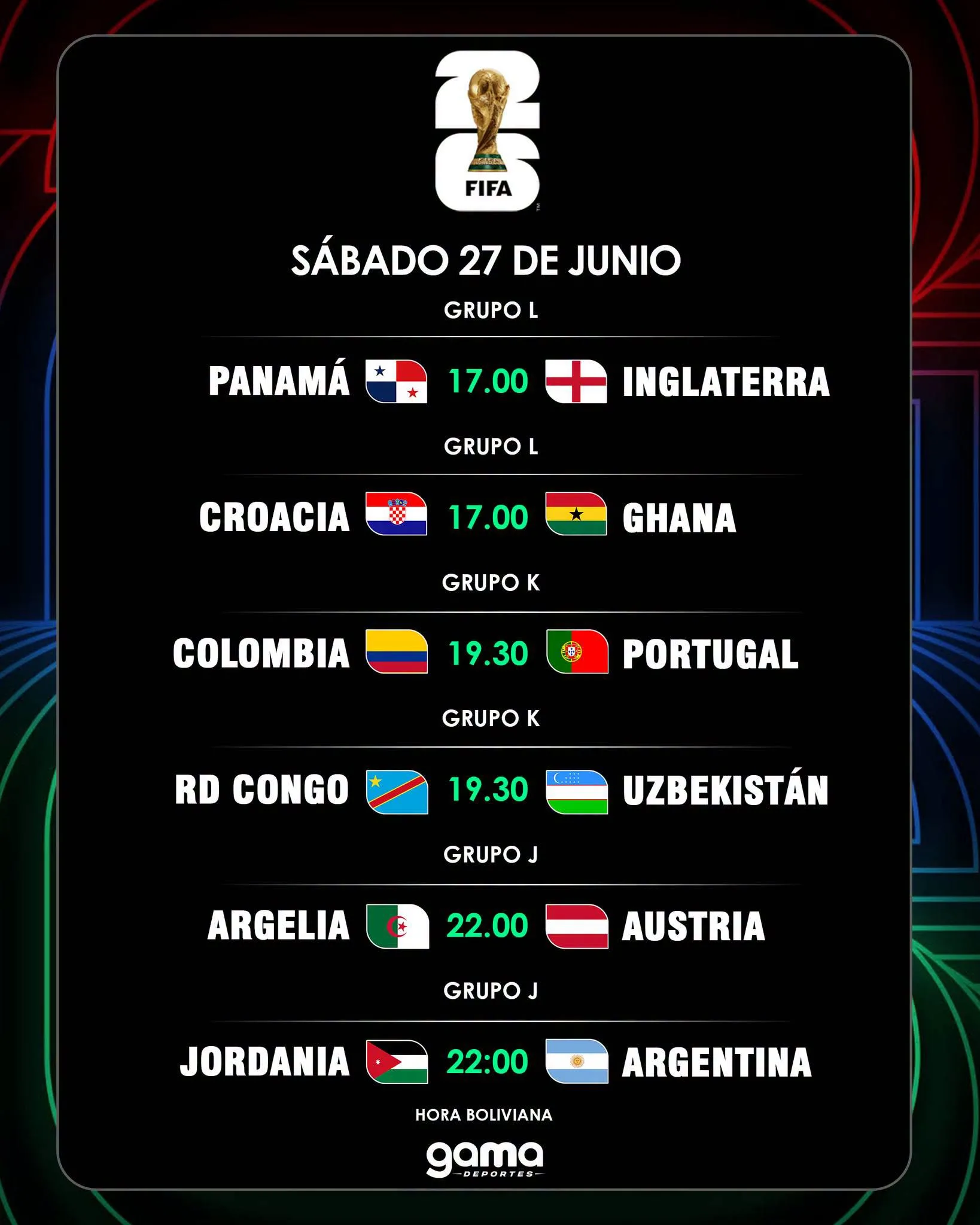 MUNDIAL 2026 LA AGENDA COMPLETA SABADO 27 DE JUNIO