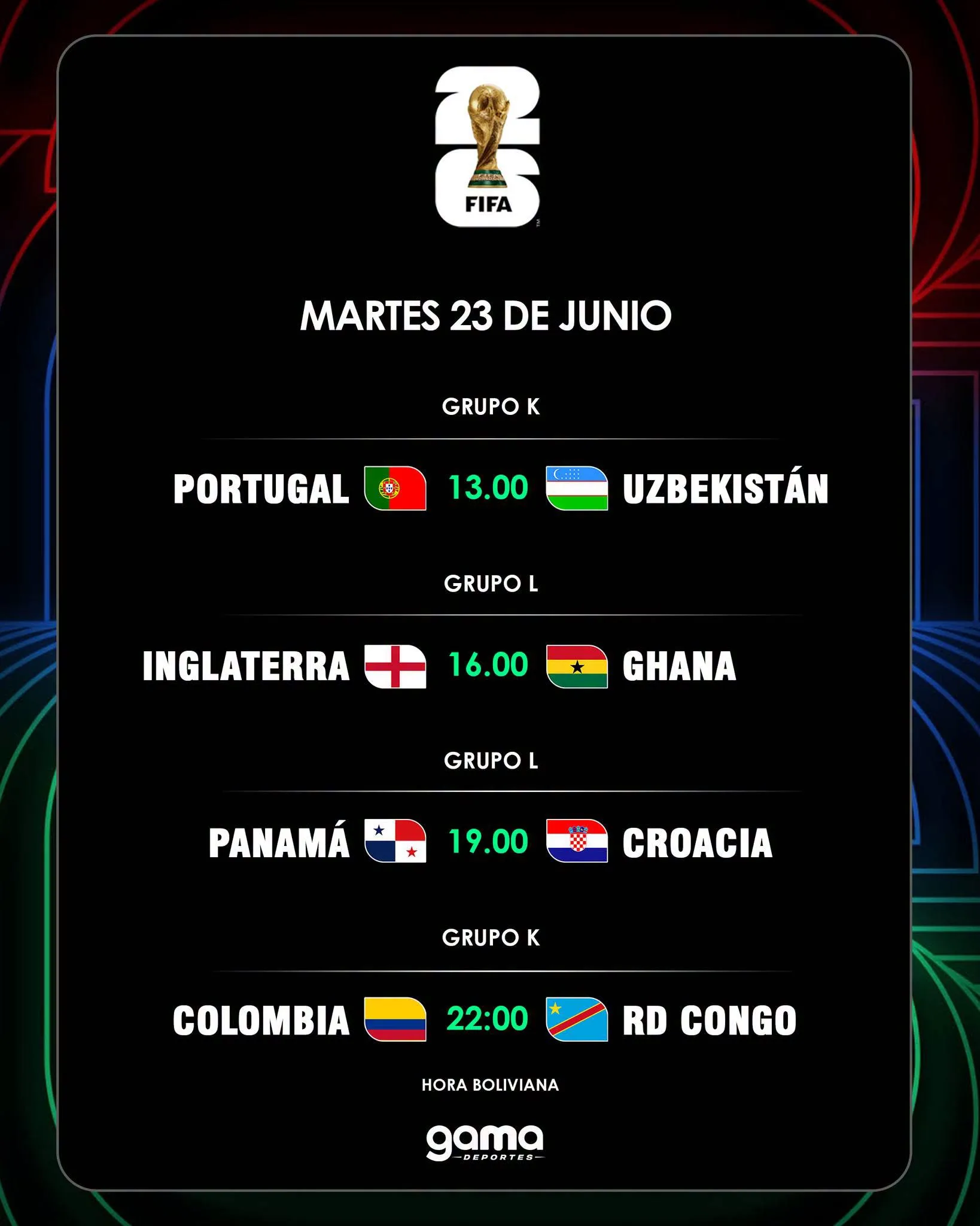 AGENDA COMPLETA MUNDIAL 2026 MARTES 23 DE JUNIO