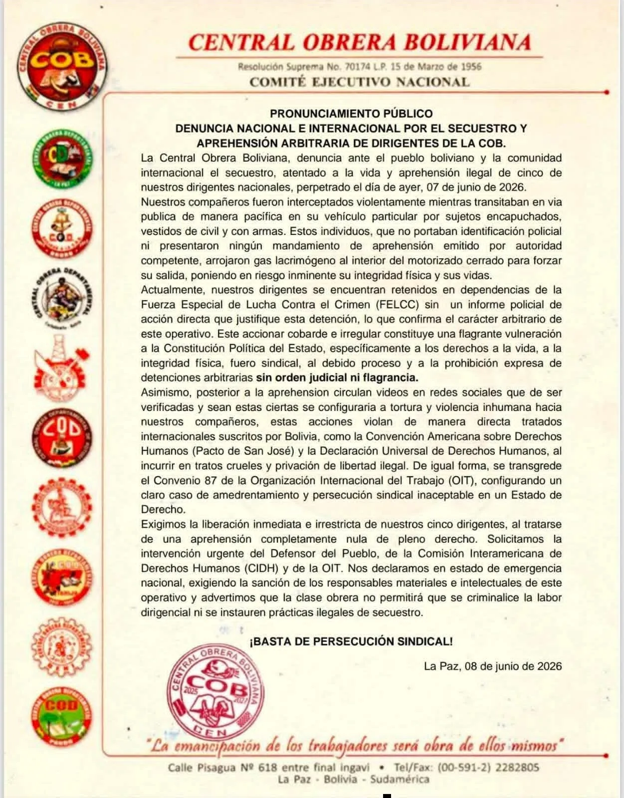 COB DENUNCIA “SECUESTRO” DE CINCO DIRIGENTES Y ACTIVA ALERTA INTERNACIONAL POR PRESUNTA PERSECUCIÓN SINDICAL