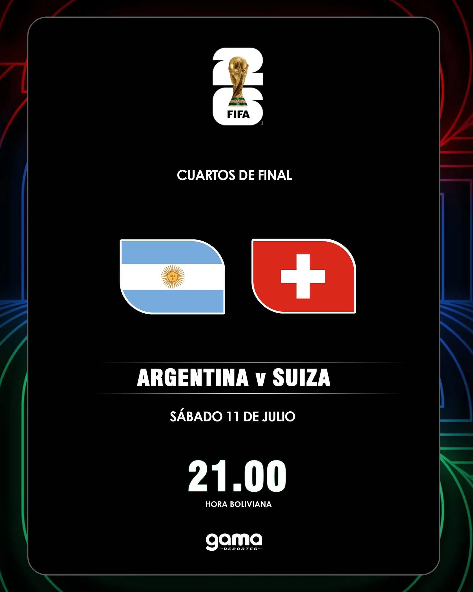🇦🇷🇨🇭 Último duelo definido  Argentina se medirá con Suiza en los cuartos de final, este sábado 11 de julio, a las 21:00 (hora boliviana) en Kansas.